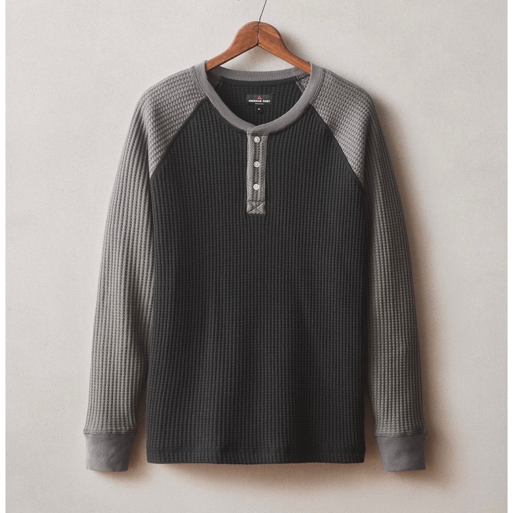 NWOT American Giant Mens Colorblock Waffle Knit Henley XL Raglan Sleeve USA